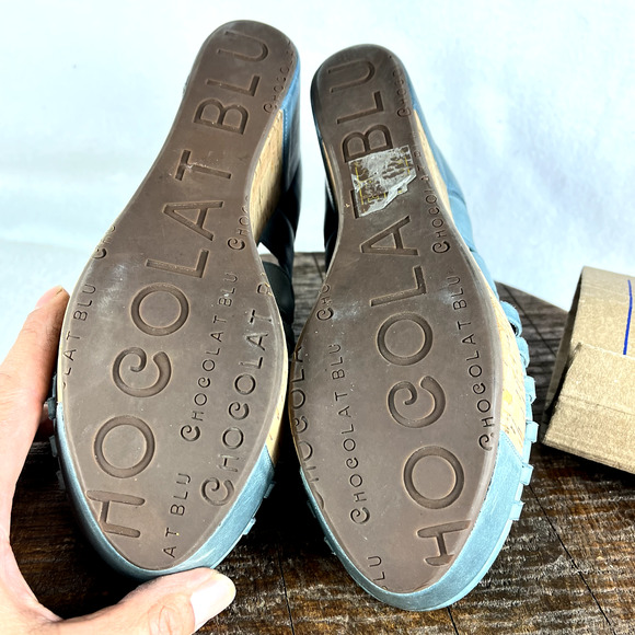 Chocolat Blu Wedge Sandals 9.5 Turquoise Leather Woven Slip On Open Toe - Picture 9 of 12